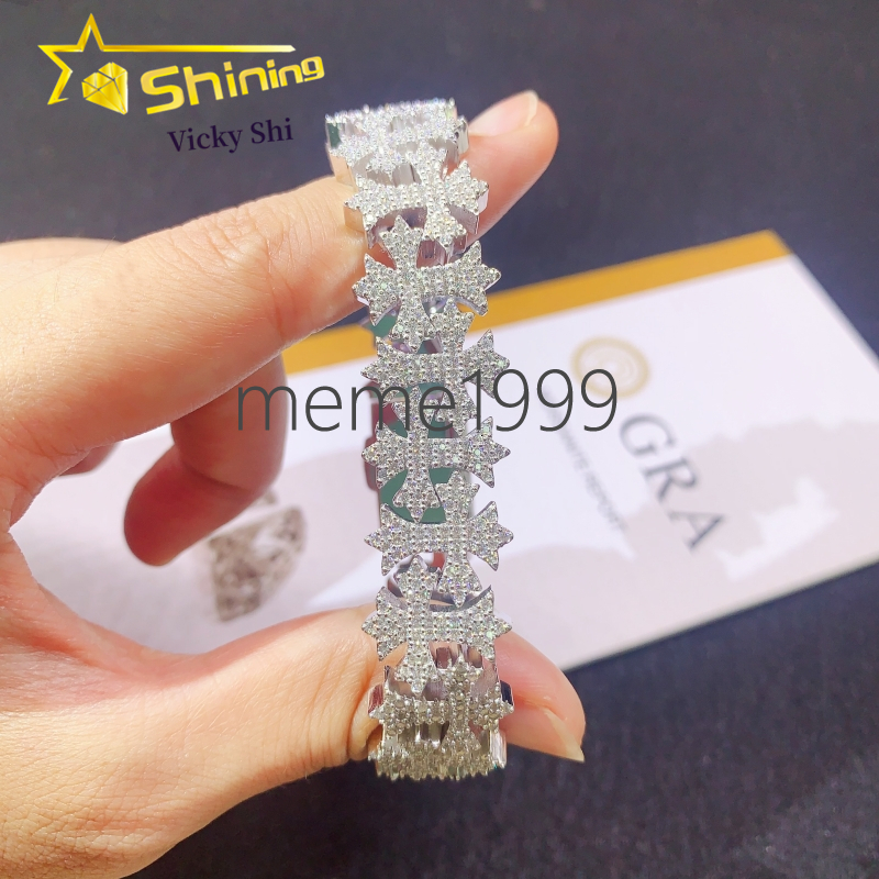 Rapper Fine Jewelry S925 Silver 18MM Cross Style Iced Out Missanite Cuban Bracelet Hip Hop Cuban Link Chain