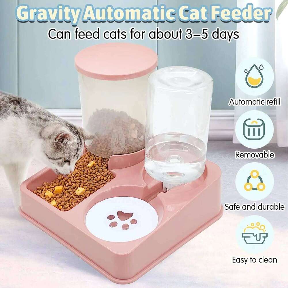 Cat Dispenser Set, 2 In 1 Tilted Automatic Pet And Water ity Food Feeder and Waterer