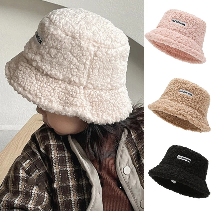 Kid Winter Warm Bucket Hat Solid Color Letter Lamb Wool Girls Boys Basin Cap Outdoor Children Casual Flat Top Fisherman Hat 250819