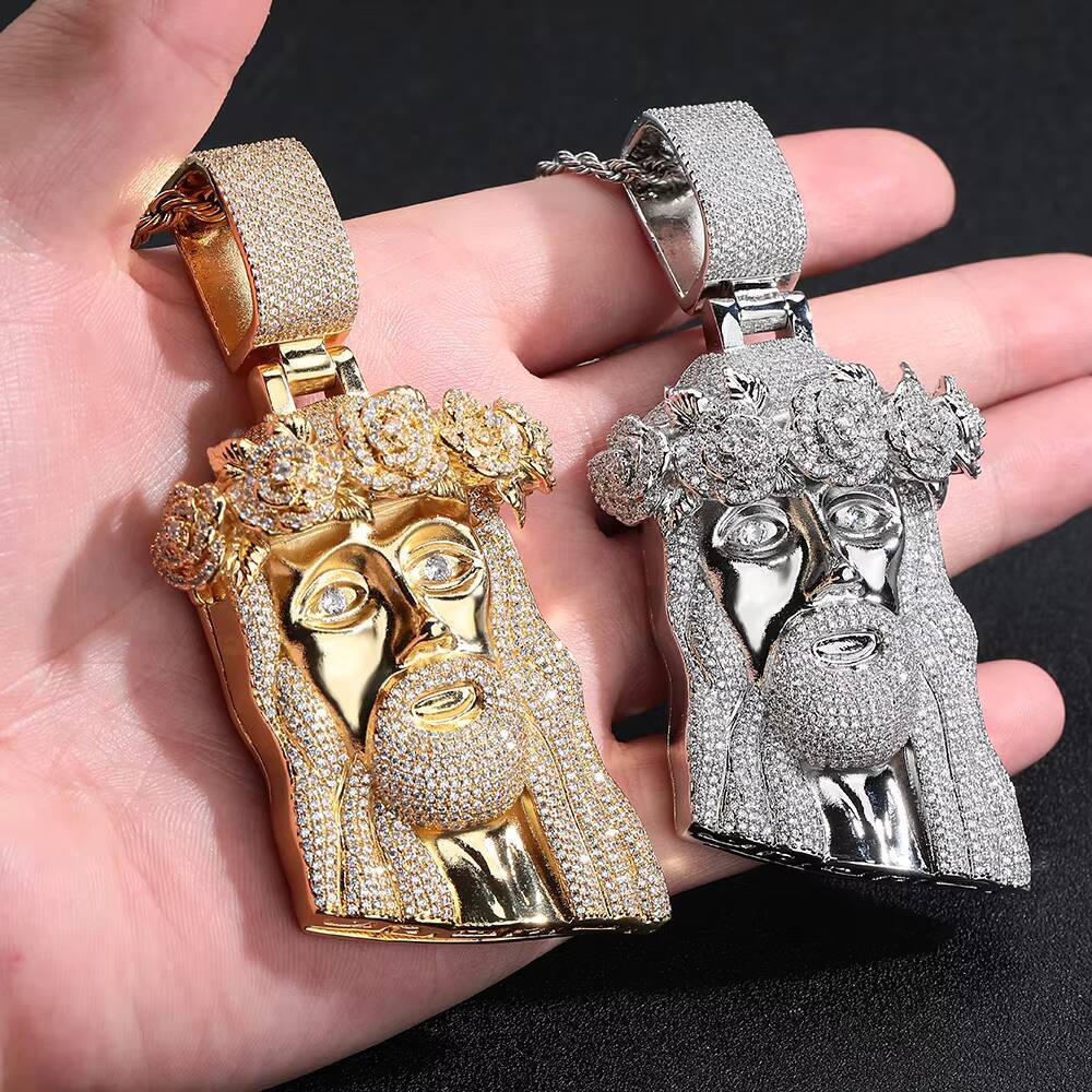 Hip Hop Style Iced Out Moissanite Diamond Jesus Pendant with Rose Custom Jewelry Gold Silver Plated Jesus Religious Christian Pendant Gift