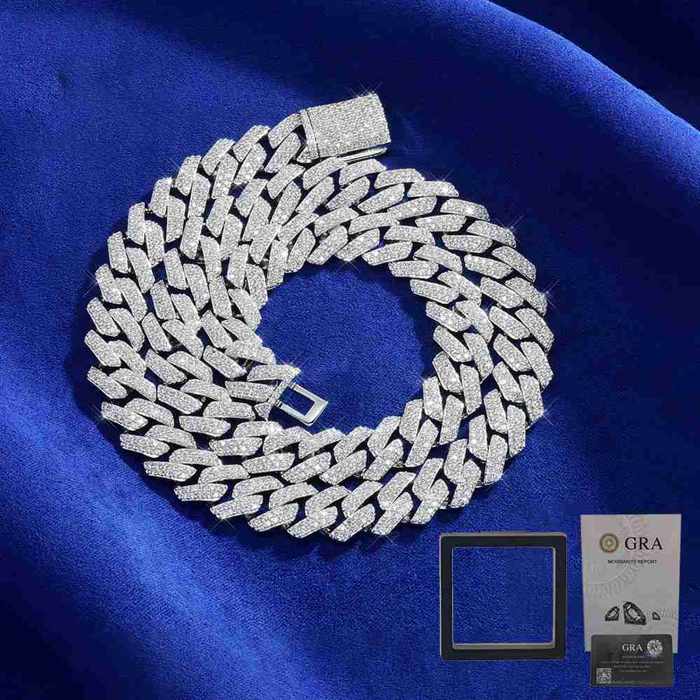 High Quality Luxurious 12mm Diamond-Shaped Cuban Chain Necklace with Silver Moissanite Box Clasp Wholesale