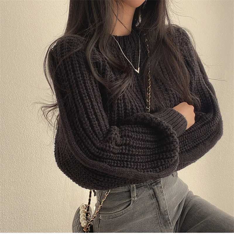Vintage Harajuku Lantern Long Sleeve Sweaters Women Korean Autumn Winter Knitwear O Neck Crop Tops Chic Solid Femme Sweater XJ250819