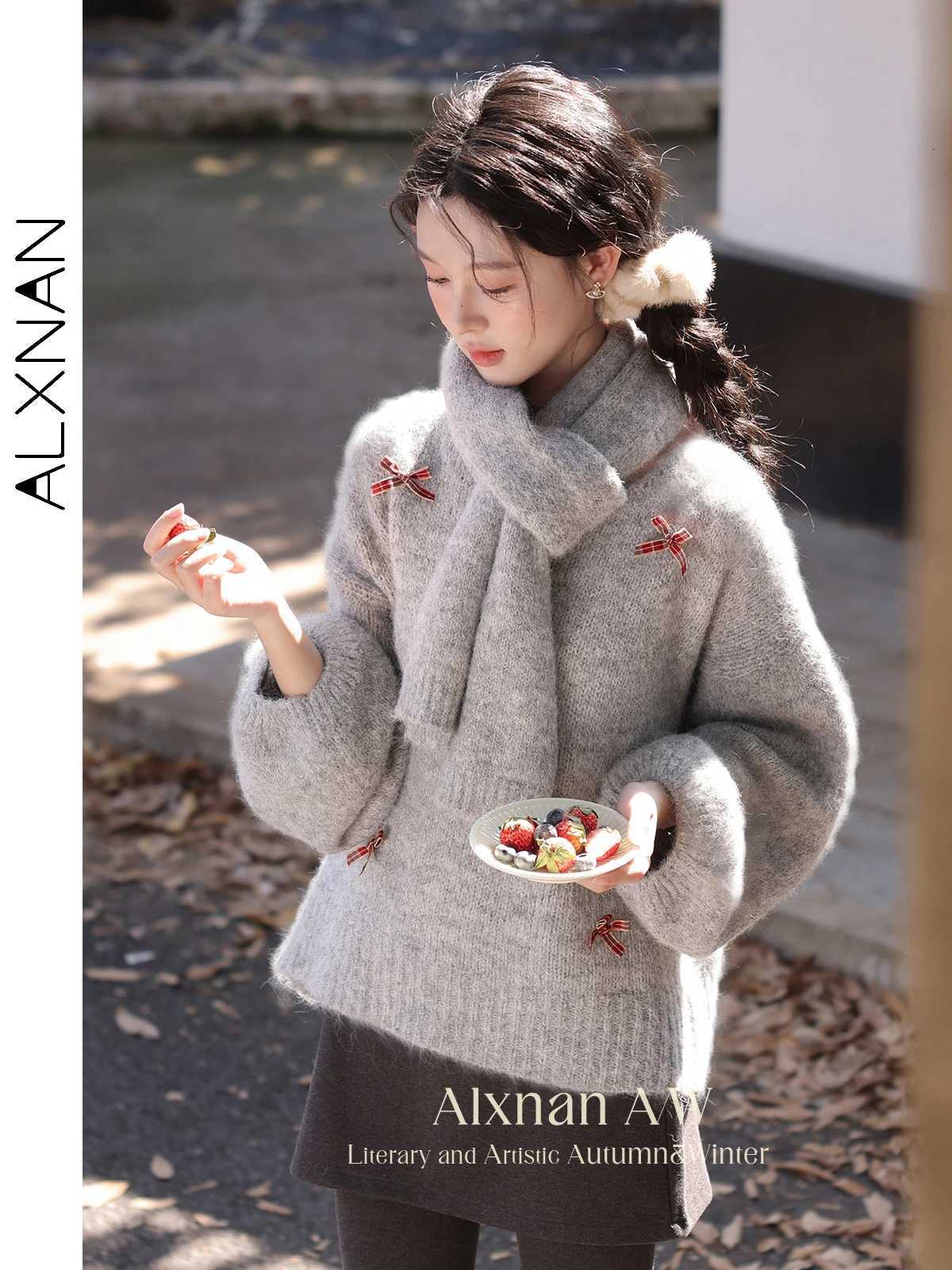 ALXNAN Women Gray Pullovers O-neck Plaid Bow Loose Knitted Lantern Long Sleeve Tops Women Winter Sweaters Fe Clothing L52690 XJ250819