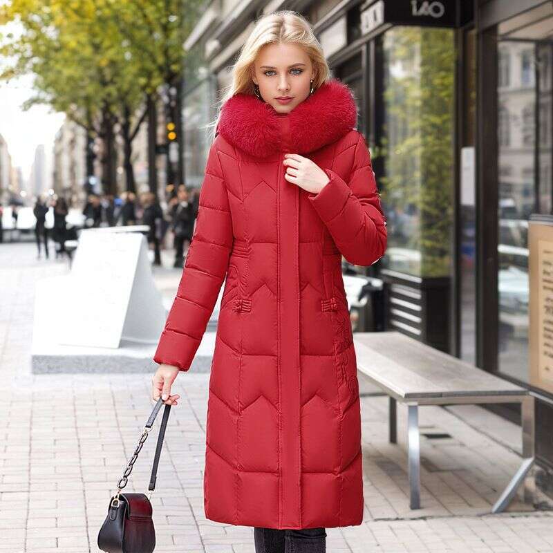 Women's Clothing winter new fashion coat women's long waist cut and knee length thickened large fur collar cotton padded jacket
