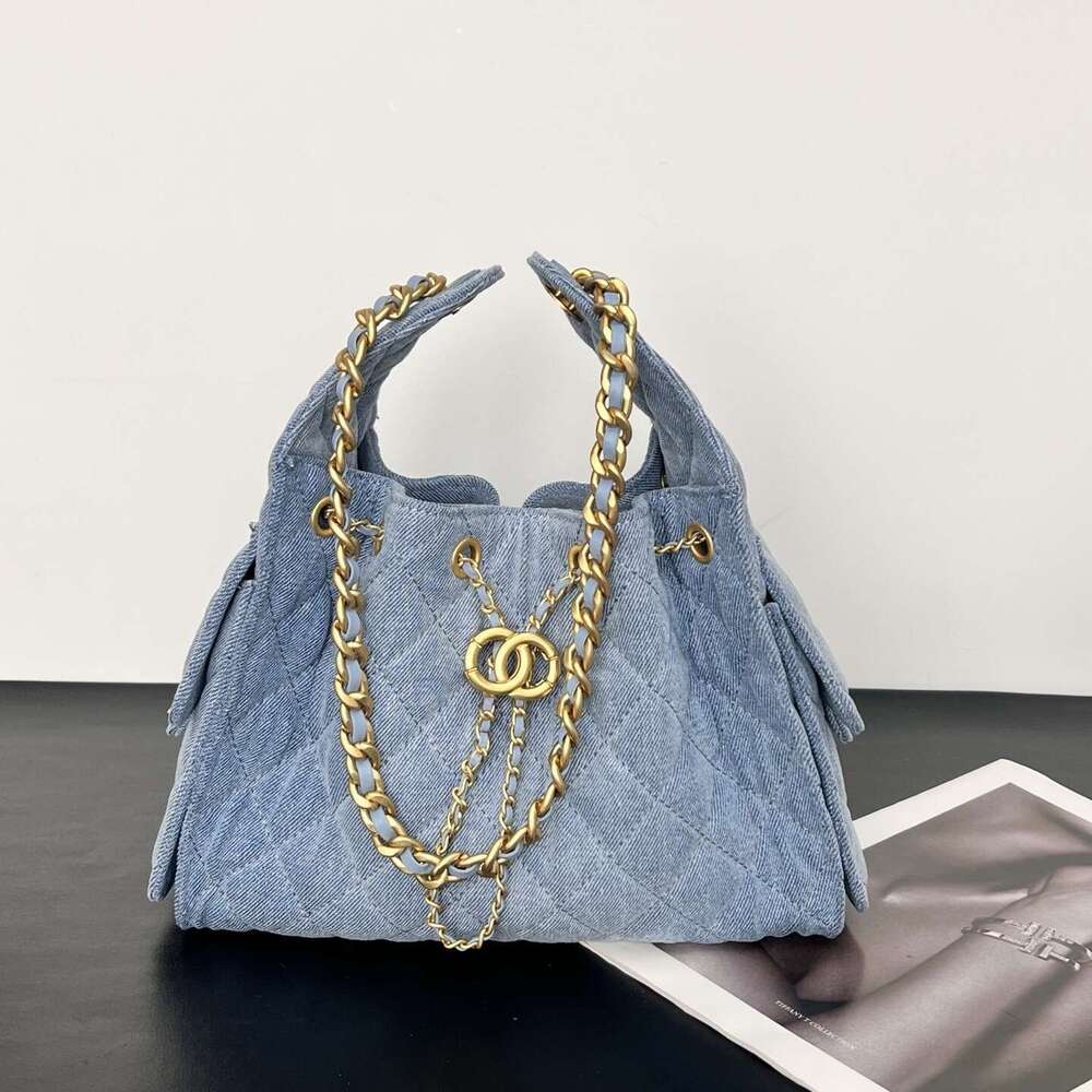Style Washed Denim Hippie Underarm Fashion Caviar Wanderer Chain Drawstring Crossbody Bag