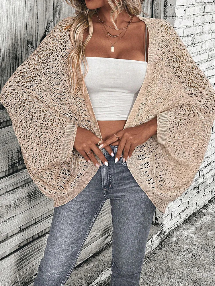 Polyester 10000% solid color camisole knit cardigan elegant front open bat wing sleeve loose for women 250819