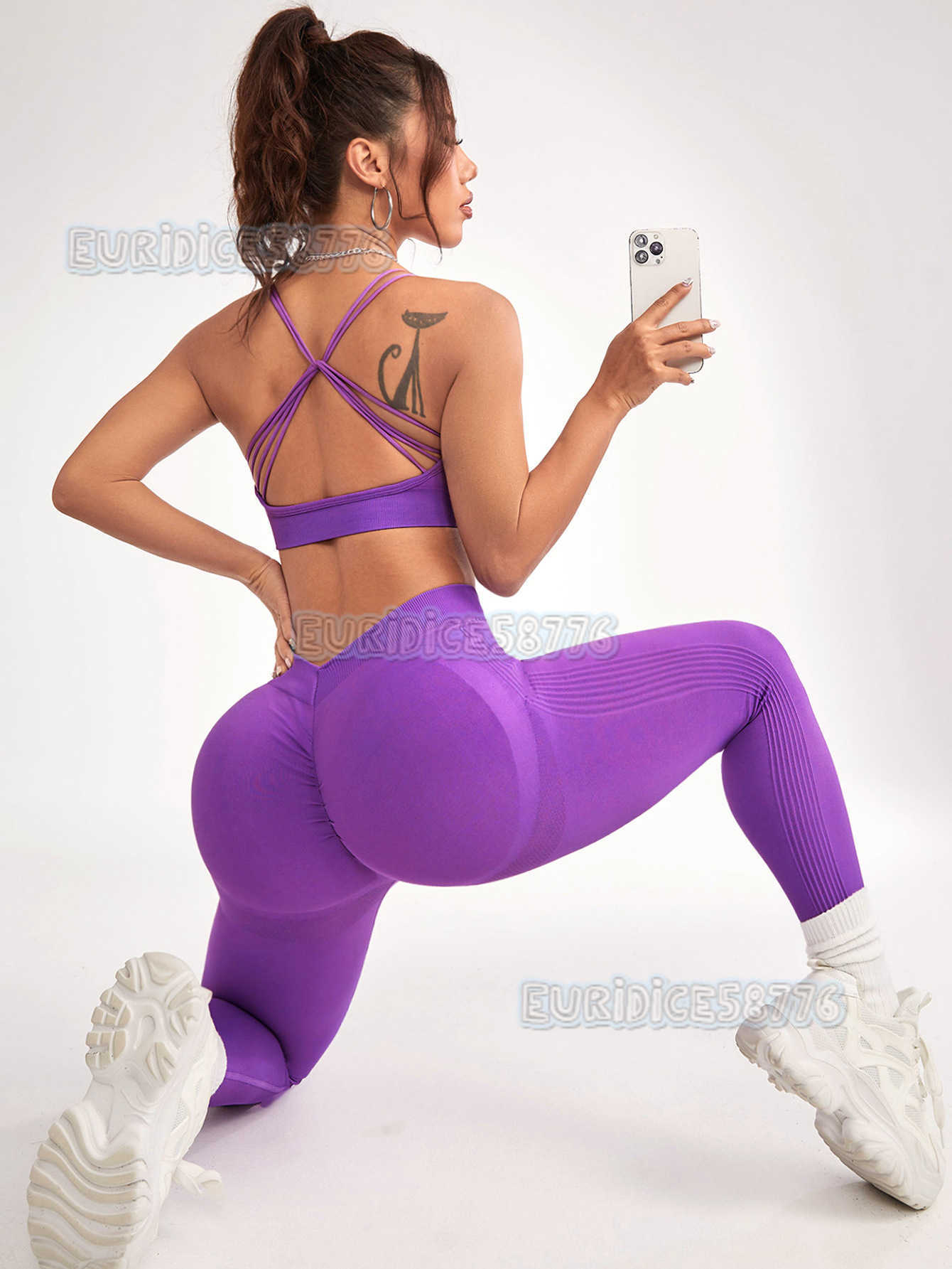 New Seamless Knitted V-waist Peach Yoga Outfit Set for Women with Butt-lifting Pants and Sports Bra Two-piece Set H250819