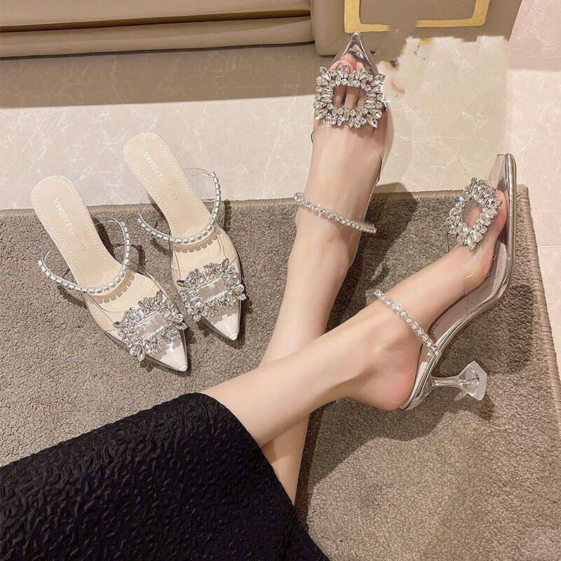 Plus 35-42 Size Thin Slippers Designer Shoe for Women 2025 Summer New Rhinestone Square Buckle High Heel Transparent Closed Toe Half Sandals