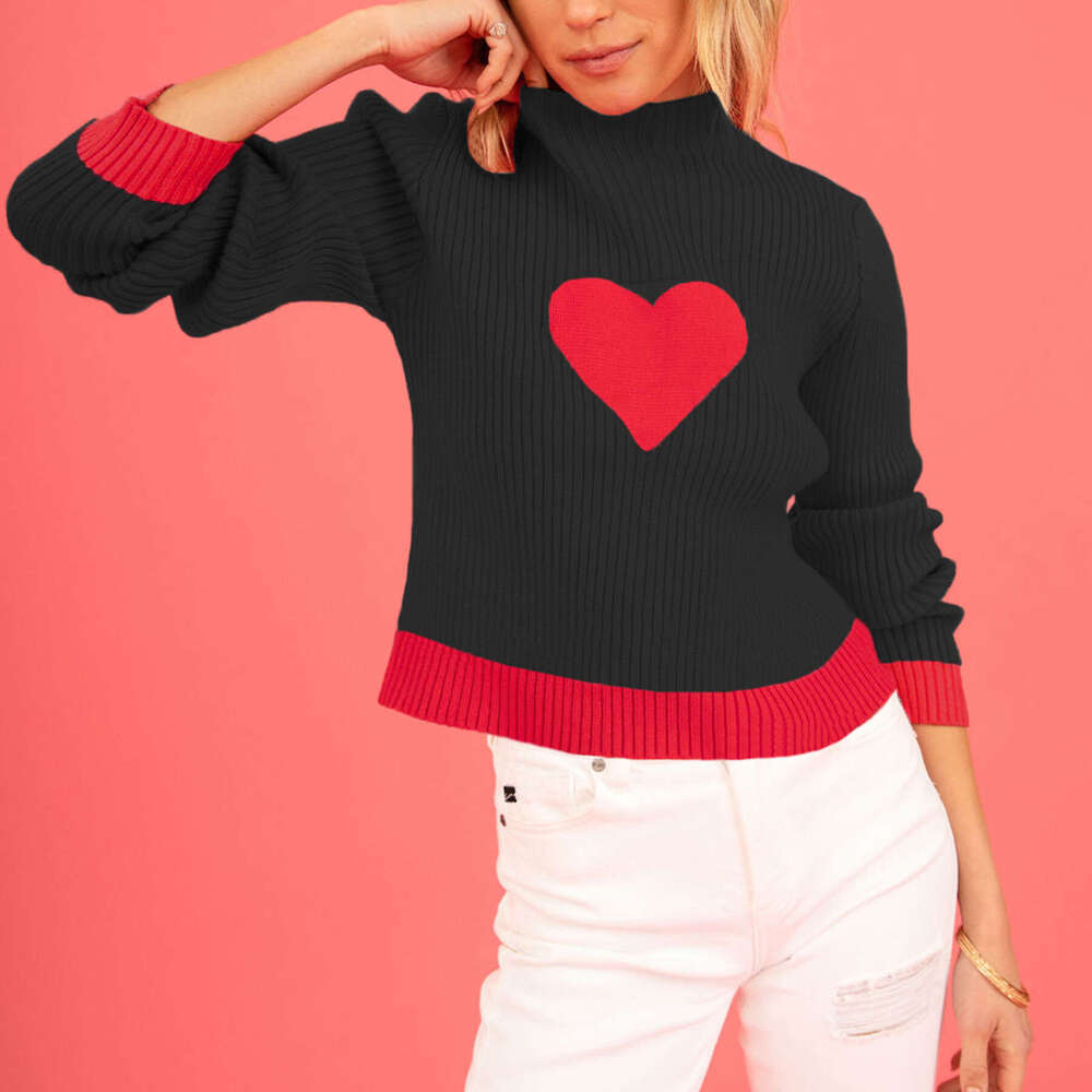 Autumn Winter Valentine's Day High Neck Color Block Heart Peach Slim Fit Women's Knitted Sweater B5