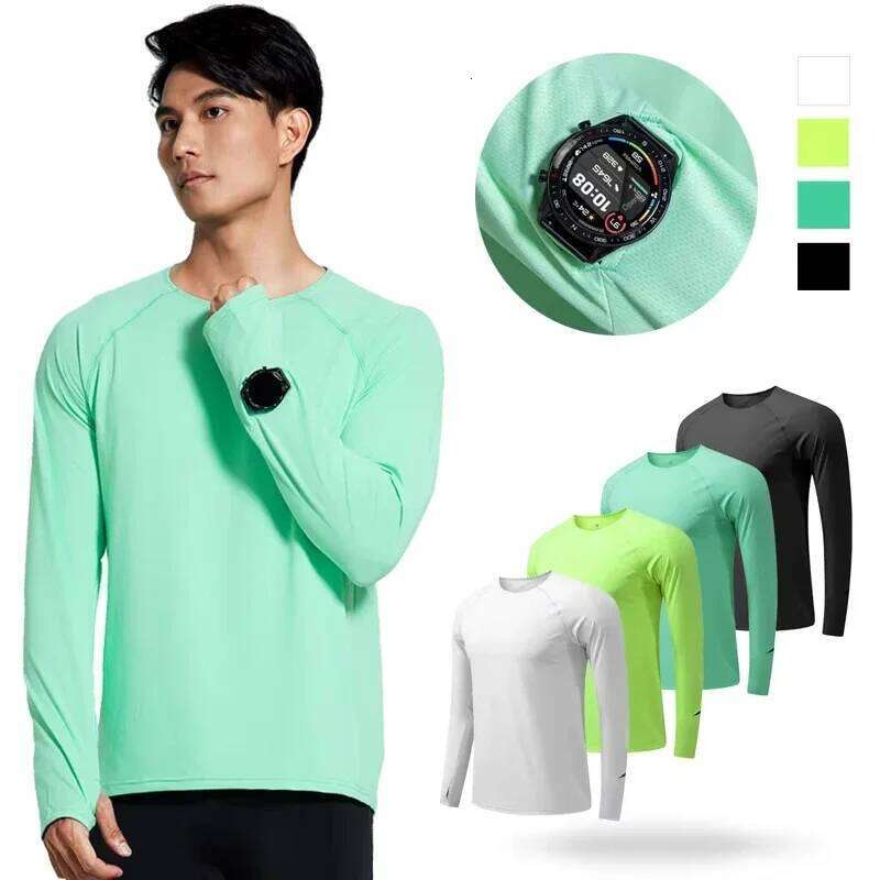 Men Marathon Running T-Shirt Long Sleeve Anti-Uv Quick Dry Workout Top Fiess Training Suit With Thumb Hole Anti-Static Cuff