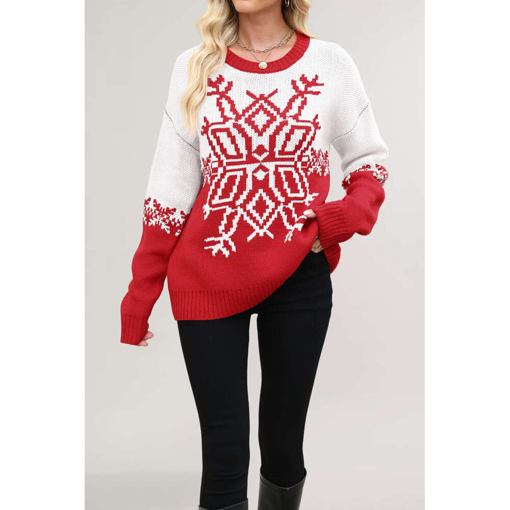 Women's Autumn And Winter Christmas Big Snowflake Casual Knitted Sweater B3