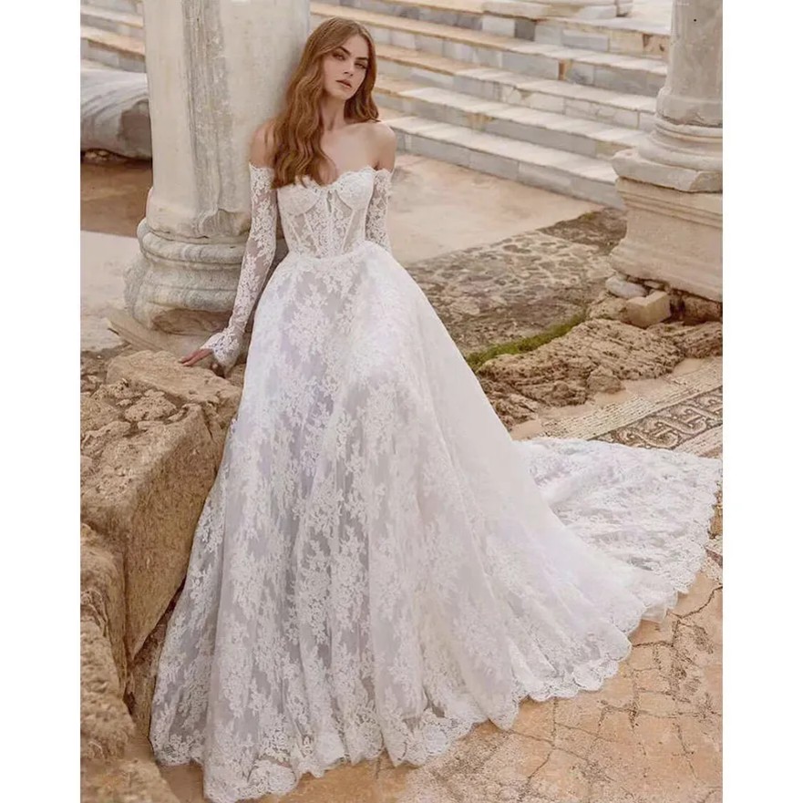 Lace A Line Wedding Dresses Detachable Sleeves Strapless Modern Floor Length Backless Bridal Gown Vestidos De Novia