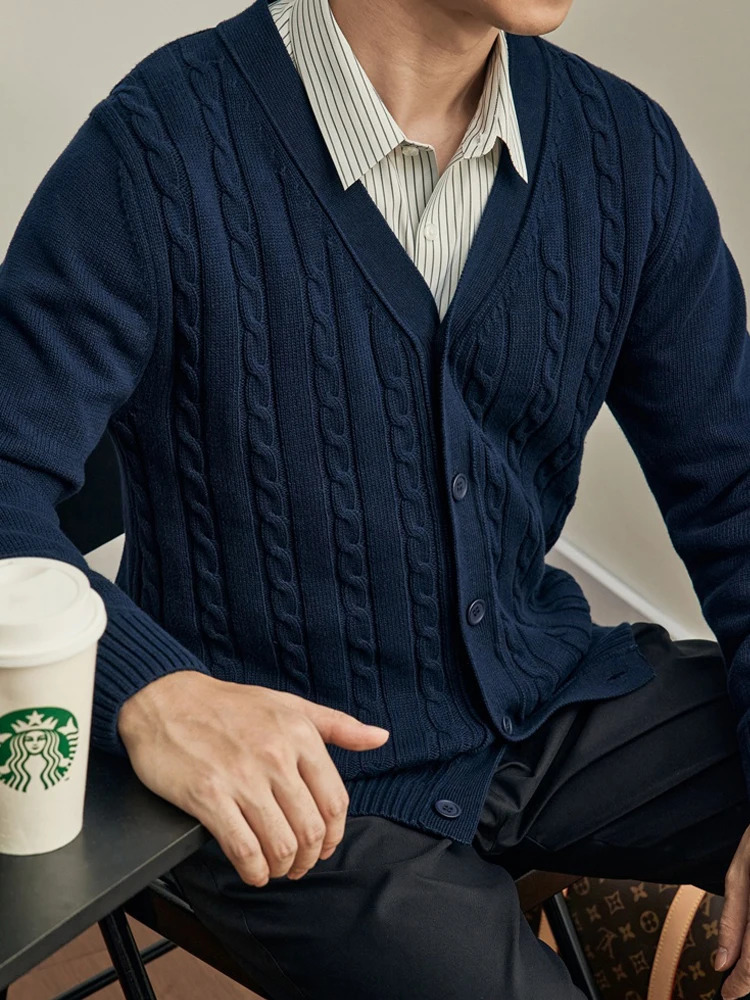 Mens Cable Knit Sweater Korean Autumn Winter Casual Cardigan VNeck Solid Color Outwear Coat Fashion Streetwear 250819