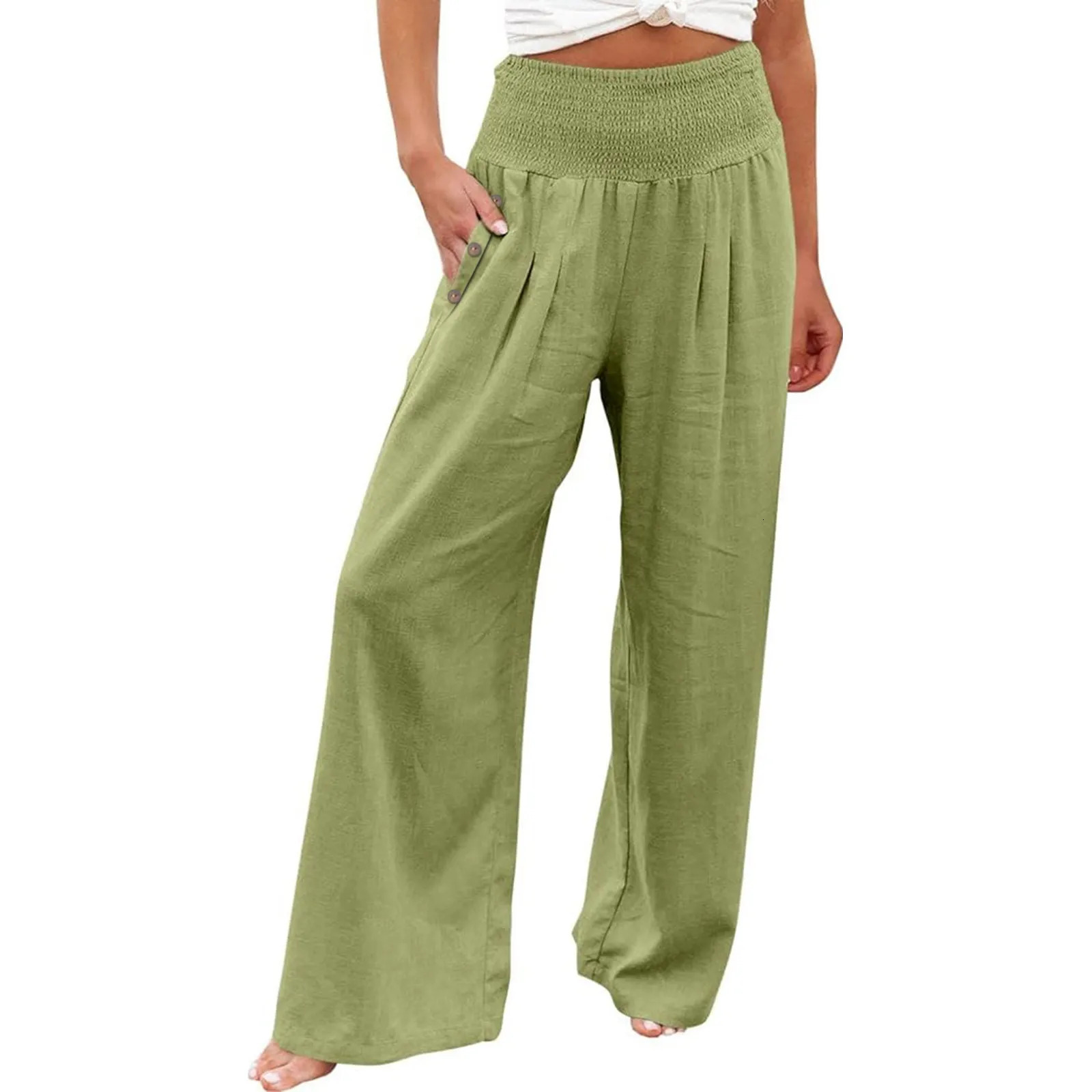 Summer Cotton Linen Wide Leg Pants Women Loose Palazzo Pant Pocket Elastic Waist Button Casual Pants Pant for Women Women Pant 250819