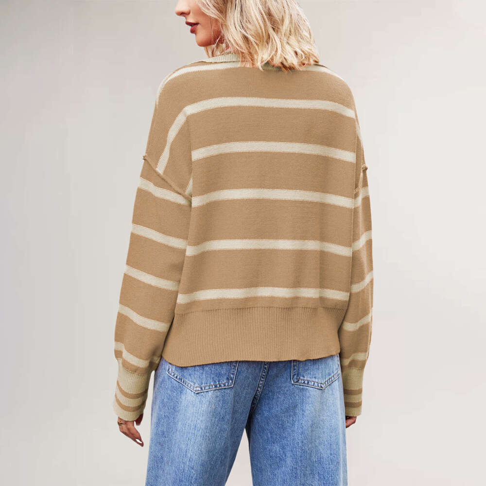 Autumn And Winter New V-Neck Striped Color-Block Loose Plus Size Women's Knit Sweater B5