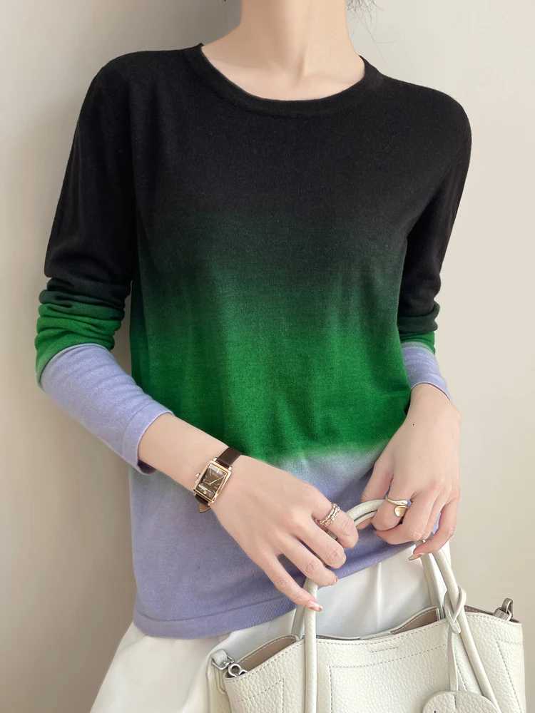 Ladies Gradient Color Sweater Womens Casual Knitted Pullover 2025 Spring Summer Soft Loose Long-Sleeve Basic Round Neck Tops XJ250819
