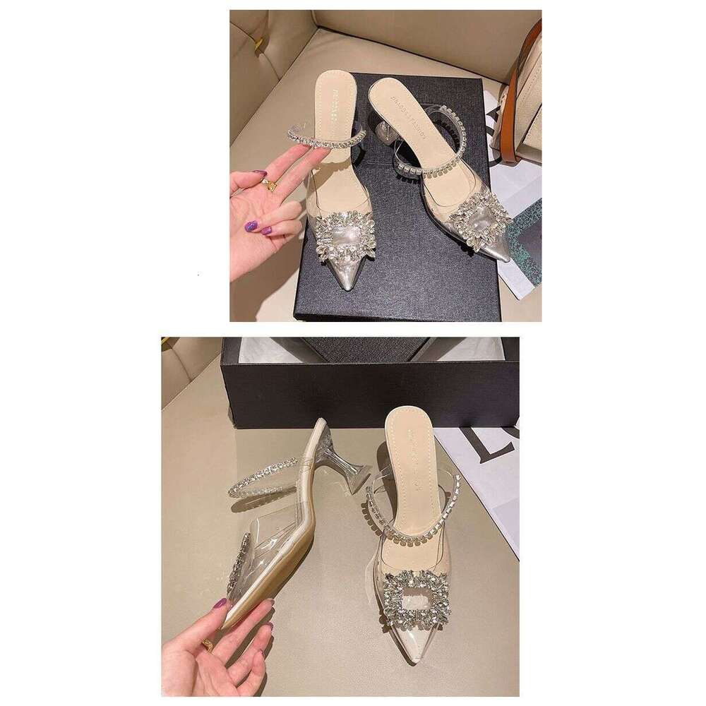 Shoe 35-42 Plus Size Designer Shoes Thin Slippers for Women 2025 Summer New Rhinestone Square Buckle High Heel Transparent Closed Toe Half Sandals