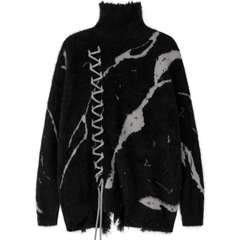 Dark Turtleneck Sweater Mens INS Winter Clothes Splice Color Tassel Weaving Couples Wool Oversize Knitwear Y2k Loose Knit 250819