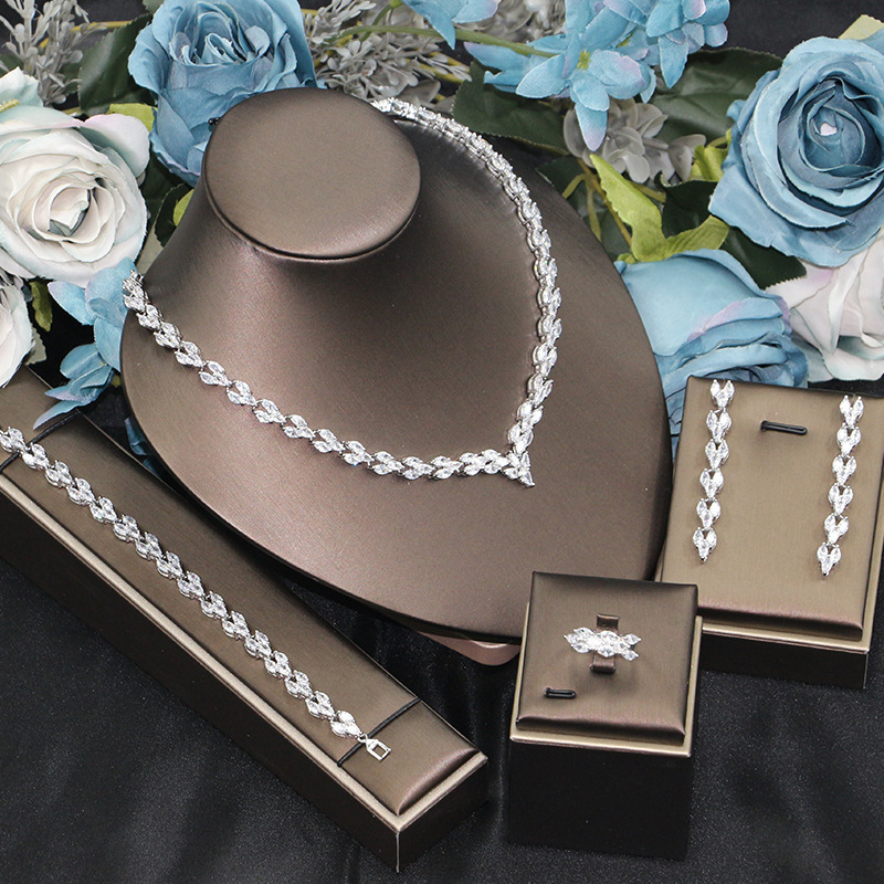 Fashion Leaf 4pcs AAA CZ Women Bridal Wedding Jewelry Set Earring Necklace Set parrure bijoux femme mariage 250417 - view 7