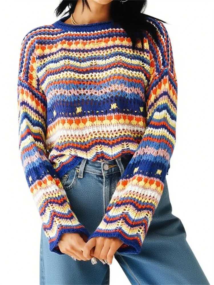 Women Sweater Colorful Hollow Out Crochet Knitted Tops Vintage Grunge Pullovers Y2K Knitwear Fe Jumpers Tops Cover Ups XJ250819
