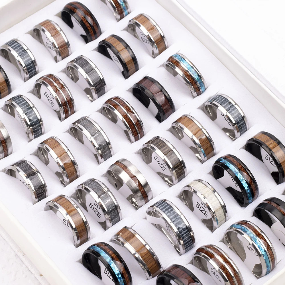 20Pcs/Lot Fashion Wood Grain Stainless Steel Rings For Women Male Quality Engagement Jewelry Party Accessorie Wholesale 250815