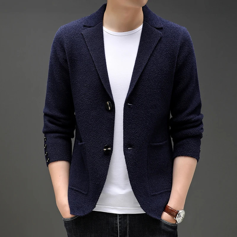 Top Grade Autum Winter Fashion Knit Blazer Mens Cardigan Slim Fit Sweater Casual Coats Jacket Clothes 250819