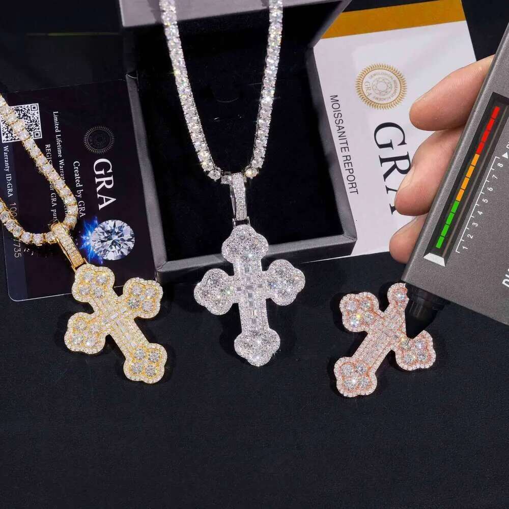 Custom tennis chain sterling sier vvs moissanite hip hop iced out jewelry fashion cross pendant 4mm 5mm Moissanite necklace free delivery