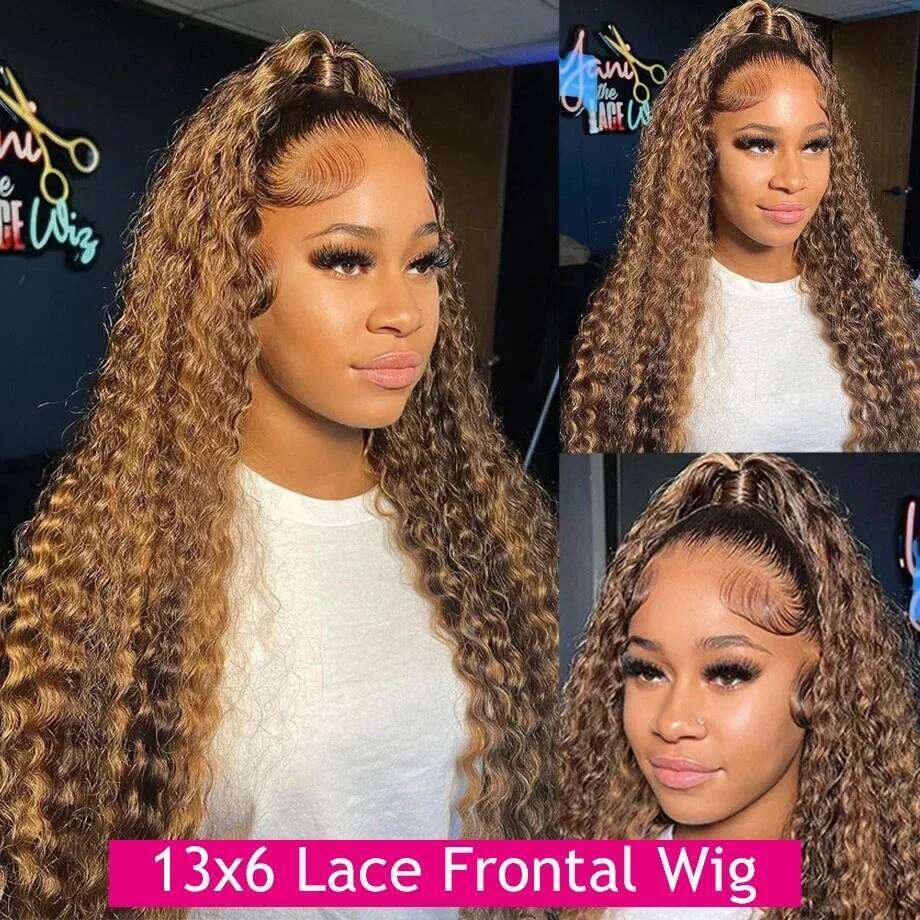 Highlight Brown Deep 13X6 Frontal Wig Honey Blonde Water Wave Wear Go Glueless 6X4 HD Lace Front Human Hair Wigs