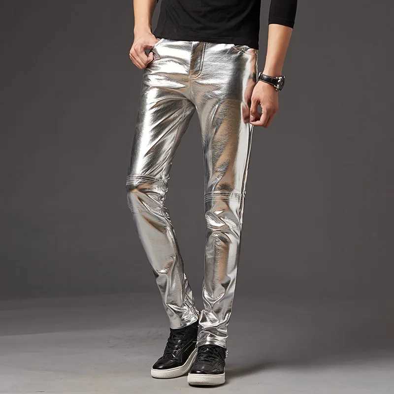 Autumn/Winter Mens Leather Pants Korean Slim Fit Feet Pants Stage Performance Mens Motorcycle Bright Silver Leather Pants W250819
