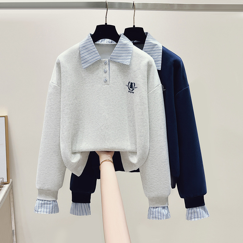 Autumn new style striped stitching polo collar fake two-piece art college style American lazy long-sleeved sweater women