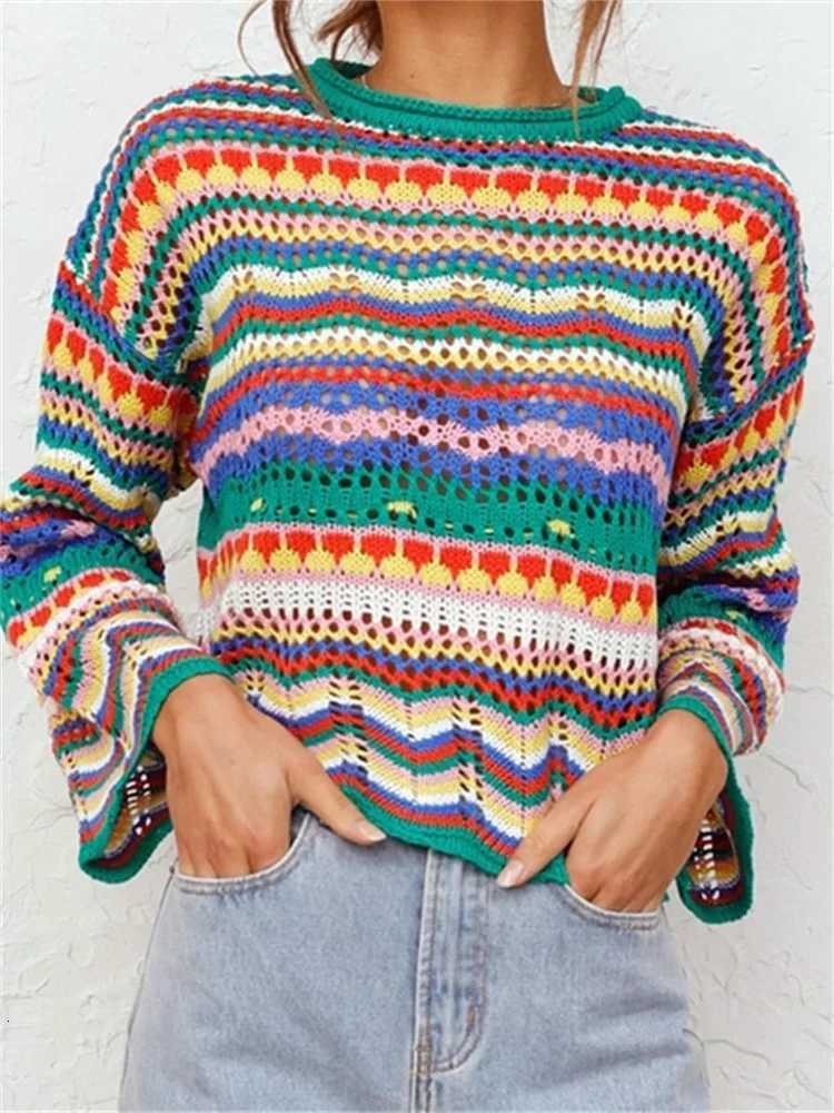 Women Sweater Colorful Hollow Out Crochet Knitted Tops Vintage Grunge Pullovers Y2K Knitwear Fe Jumpers Tops Cover Ups XJ250819