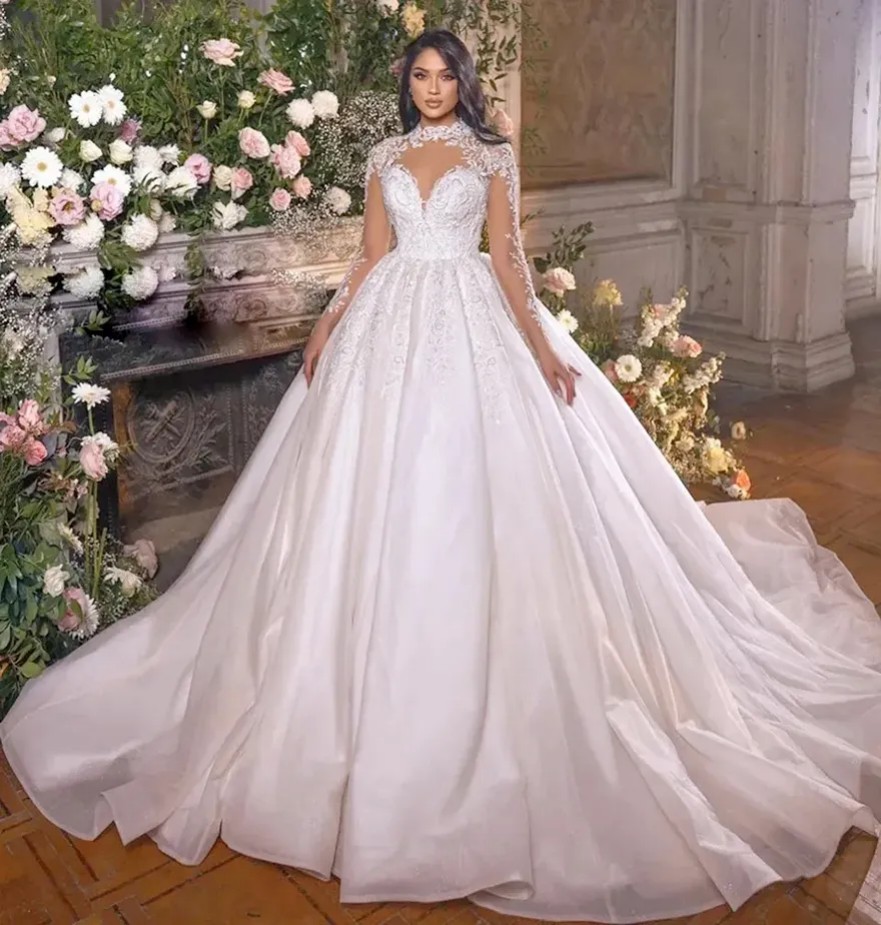 White Wedding Dresses Ivory Bridal Gowns Formal A Line Applique Custom Zipper Lace Up Plus Size New Floor-Length Long Sleeve Illusion High Neck Organz