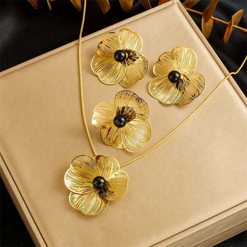 DIEYURO 316L Stainless Golde 3D hollow camellia Pearl Necklace Bracelet Ring Suit Women Girl Trend Non-fading jewelry Set 250818