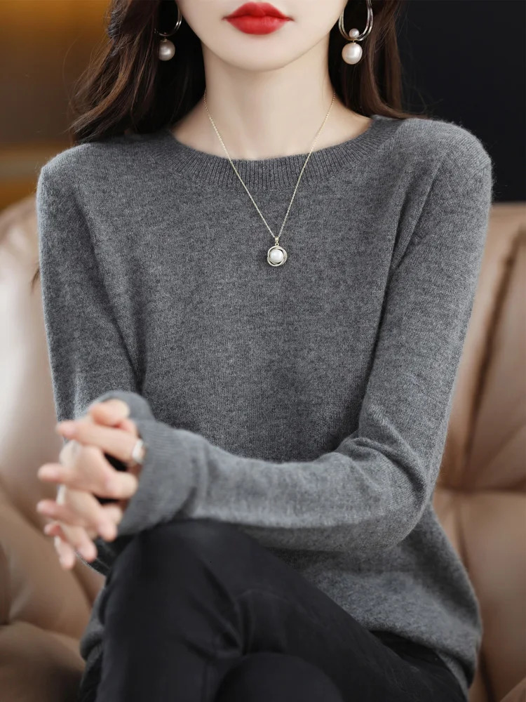 Fashion 100% Merino Wool Sweater Elegant Cashmere Pullover Women ONeck Long Sleeve Knitwear Basic Clothing Jumper Tops 250819