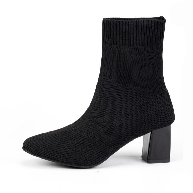 Women's Slim 2025 Autumn Winter New Pointed Toe Black Chunky High Heel Mid-Calf Sock Fly Knit Stretch Boots ddmymoon