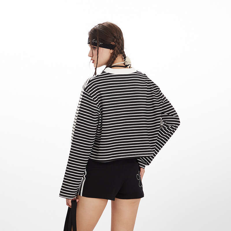 Autumn Black And White Striped Short Hot Girl Top Slim Fit Long Sleeve T-Shirt Women's Base Shirt B5