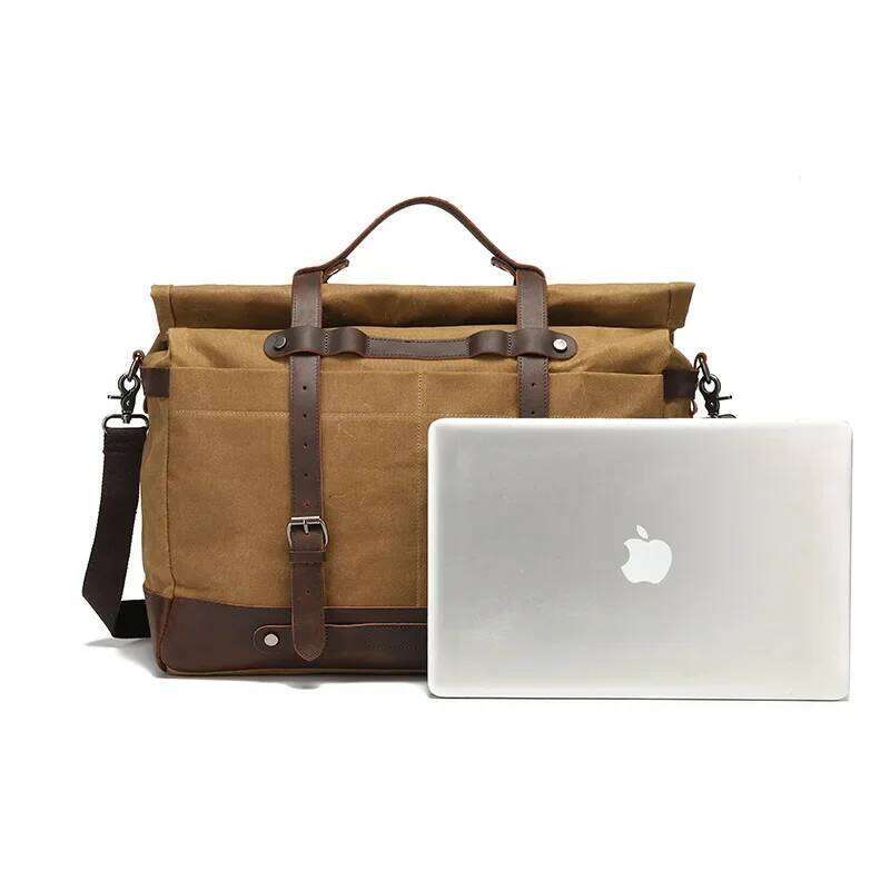 Large Capacity Men's Portable Travel Outdoor Waterproof Lage Oil Wax Canvas With Crazy Horse Cowhide Crossbody Bag