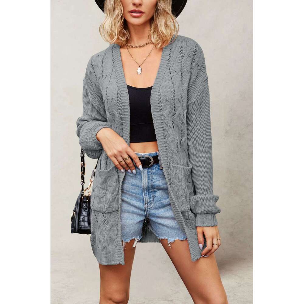 New Autumn Winter Style V-Neck Cable Knit Long Sleeve Loose Sweater Cardigan Coat B5