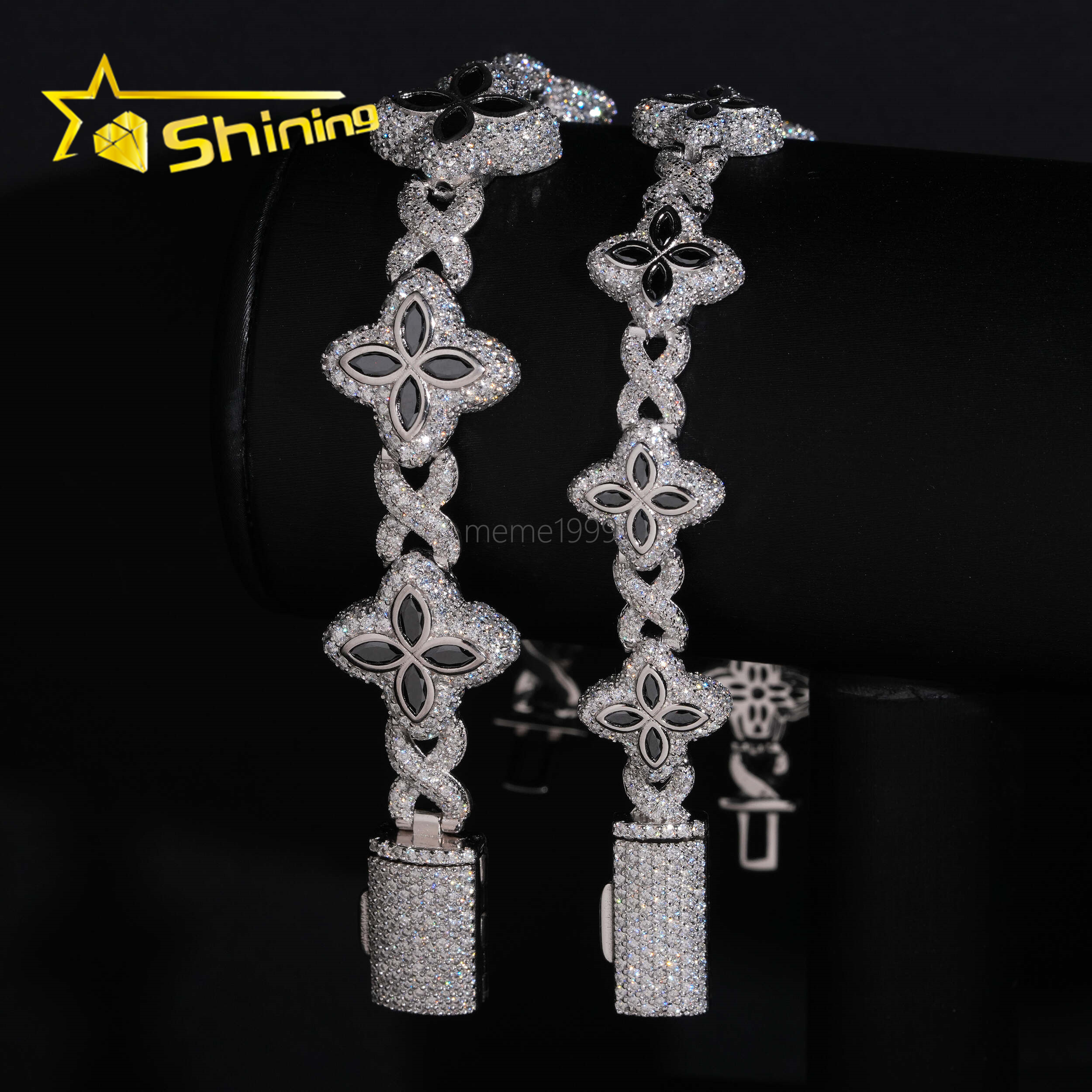 Hot Sale 15mm 18mm Black Color Moissanite Clover Bracelet Hip Hop Jewelry 925 Silver Iced Out Infinity Moissanite Cuban Bracelet