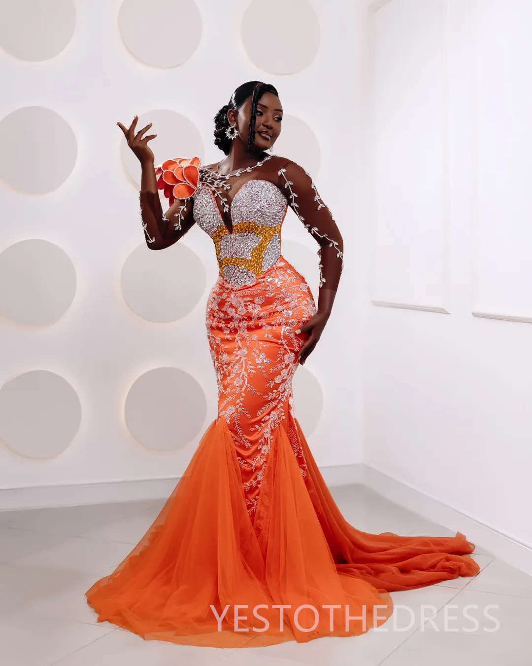 Orange Mermaid Prom Dress 2025 Evening Dresses Robe De Sorrie Sheer Neck Long Sleeves Beaded Lace Crystals Rhinestones Birthday Dress Second Reception