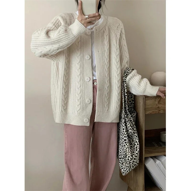 Autumn Twist Cardigan Women Vintage Casual Knitted Fashion Long Sleeve Single Breasted Sweater Coat 250819