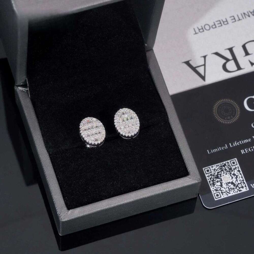 New design baguette lab dia sier vvs moissanite hip hop iced out stud earrings