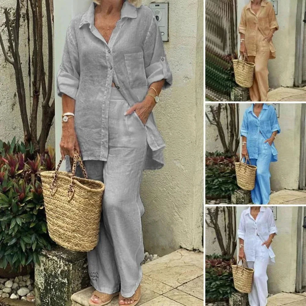 Summer Cotton Linen Casual Home 2 Piece Set For Women 2025 Fashion White Long Sleeve Shirt And Shorts Two Piece Sets Tracksuit 250819