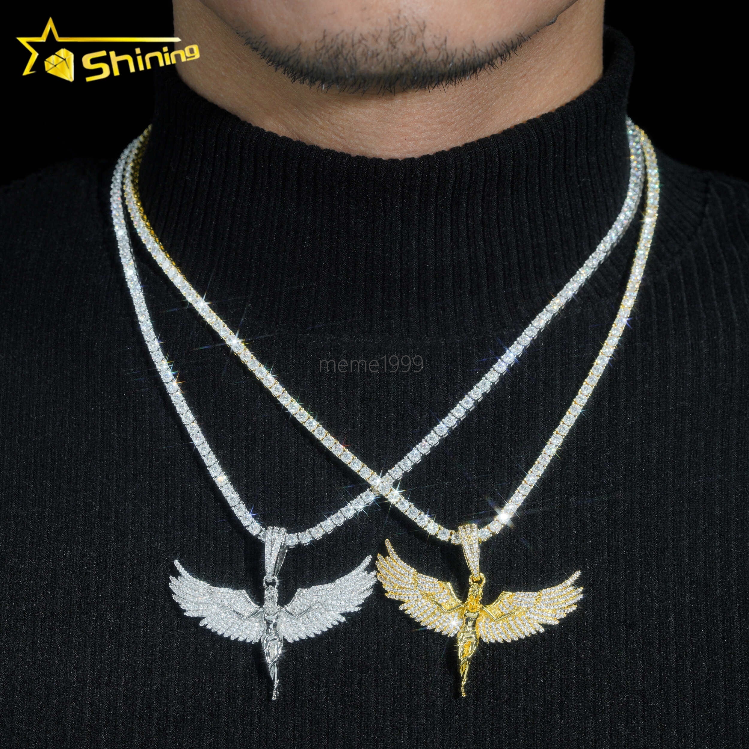 14k White Gold Plated Sterling Silver 925 Hip Hop Diamond Pave Moissanite Iced Out Angel Pendant