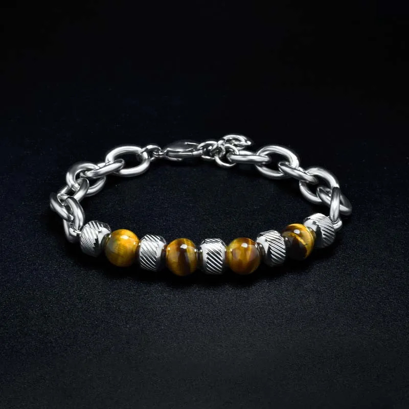 Trendy Mens Stainless Steel Bracelet 100% Real Natural Stone Beads Braslet Tiger eye Punk Link Chain Brazalete Gift For Him 250815