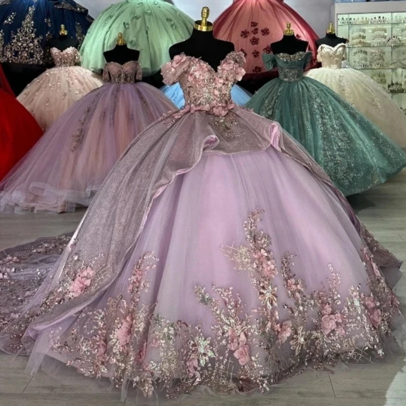 Lilac Shiny Princess Off Shoulder Quinceanera Dresses Sequin Applique Flower Beads Tull Sweet 16 Dress Ball Gown Vestidos 15 Anos