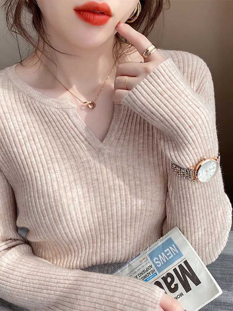 2025 Autumn Winter Women Sweater Solid Rib Knit V Neck Pullover Y2k Long Sleeve Pullover Tops Fashion Clothes XJ250819