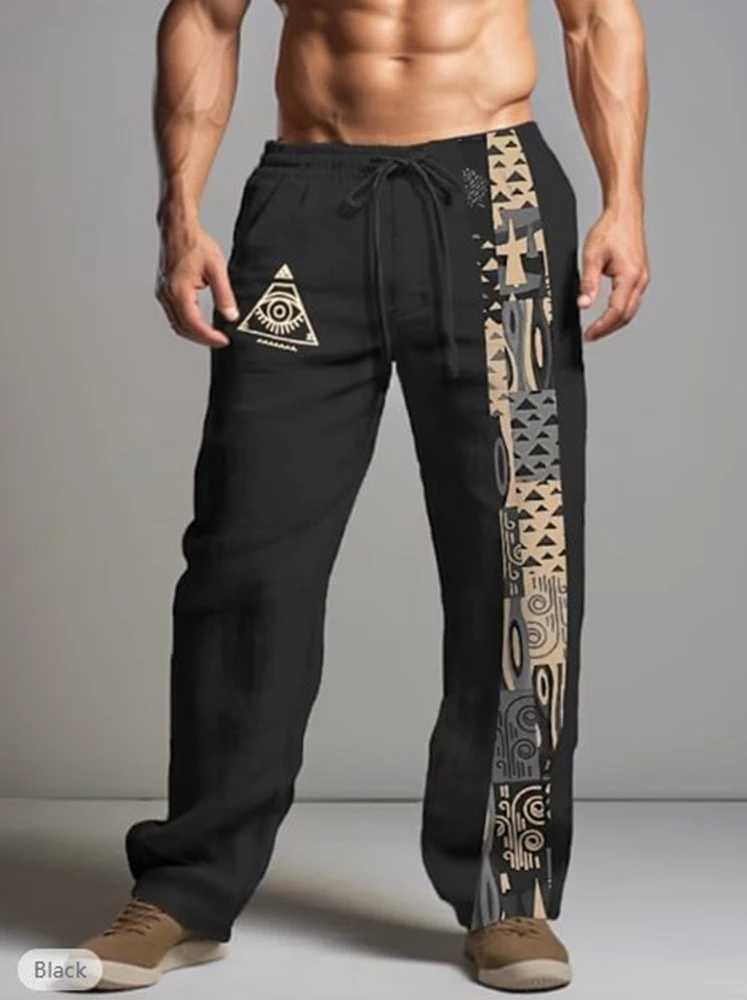 Mens Khaki Linen Drawstring Pants with Mystical Eye Tribal - Inspired Pattern Trousers 6XL W250819