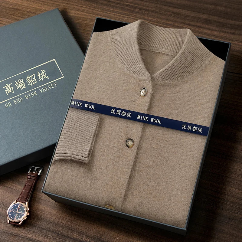 Autumn Winter Mens Loose Solid Color Sweater Mink Cashmere Cardigan Stand Up Collar Long Sleeved Casual Knit Jacket 250819