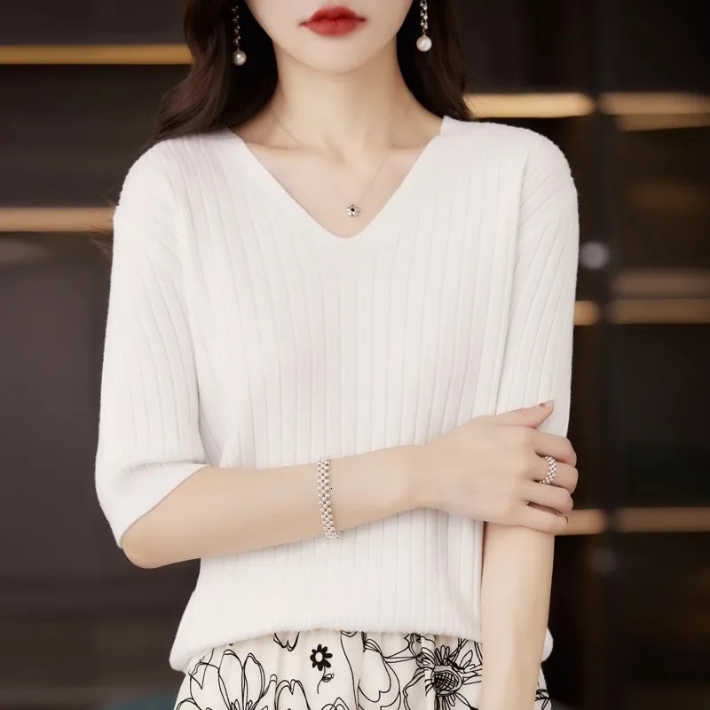 Womens Sweater Spring Summer Short Sleeve Vneck Knit Shirt Casual Korean Pullovers Stripe Bottoming Slim Fit Jumpers 250819